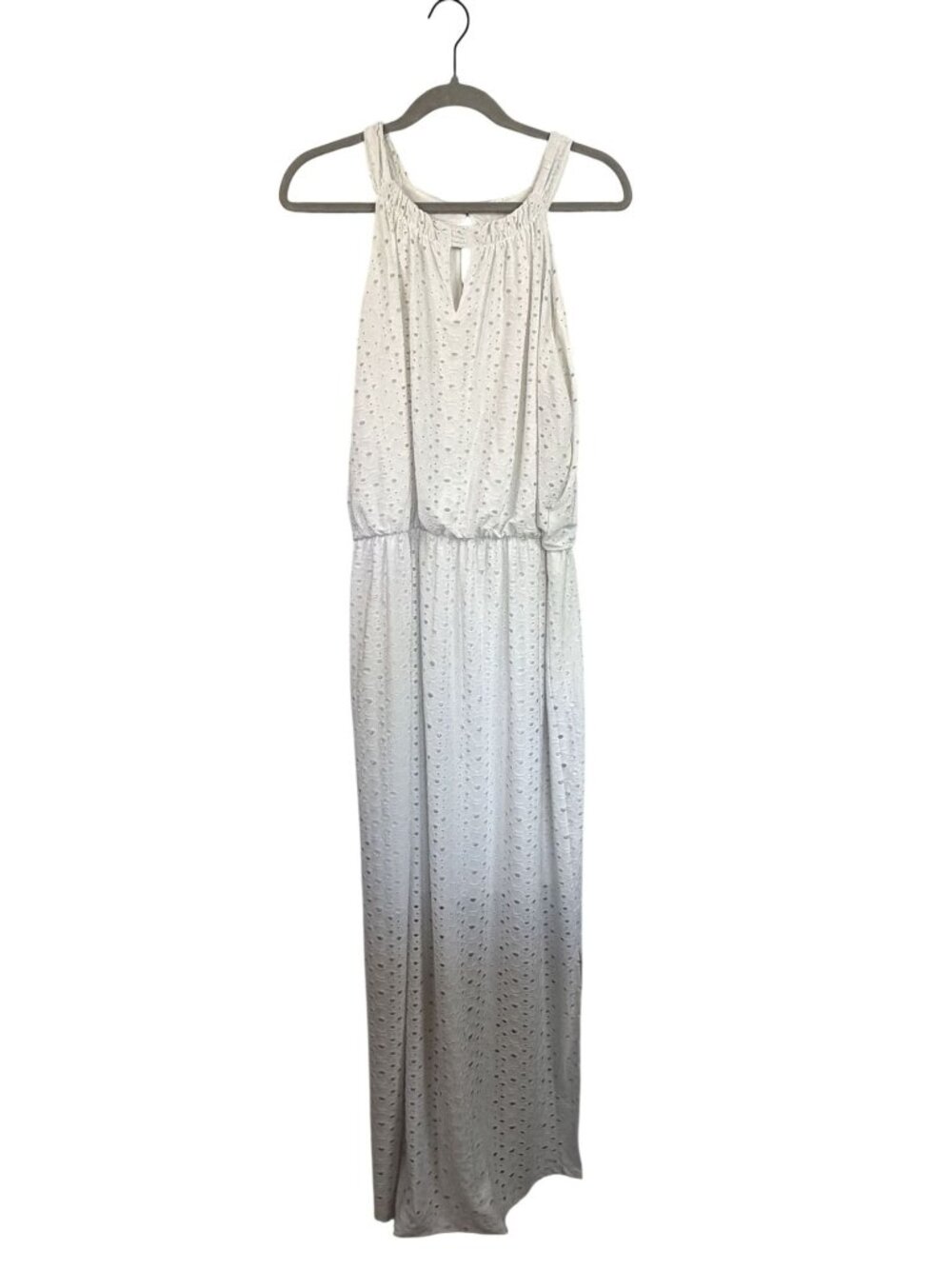 London Times White Sleeveless Eyelet Maxi Dress L Polyester Spandex Keyhole Neck